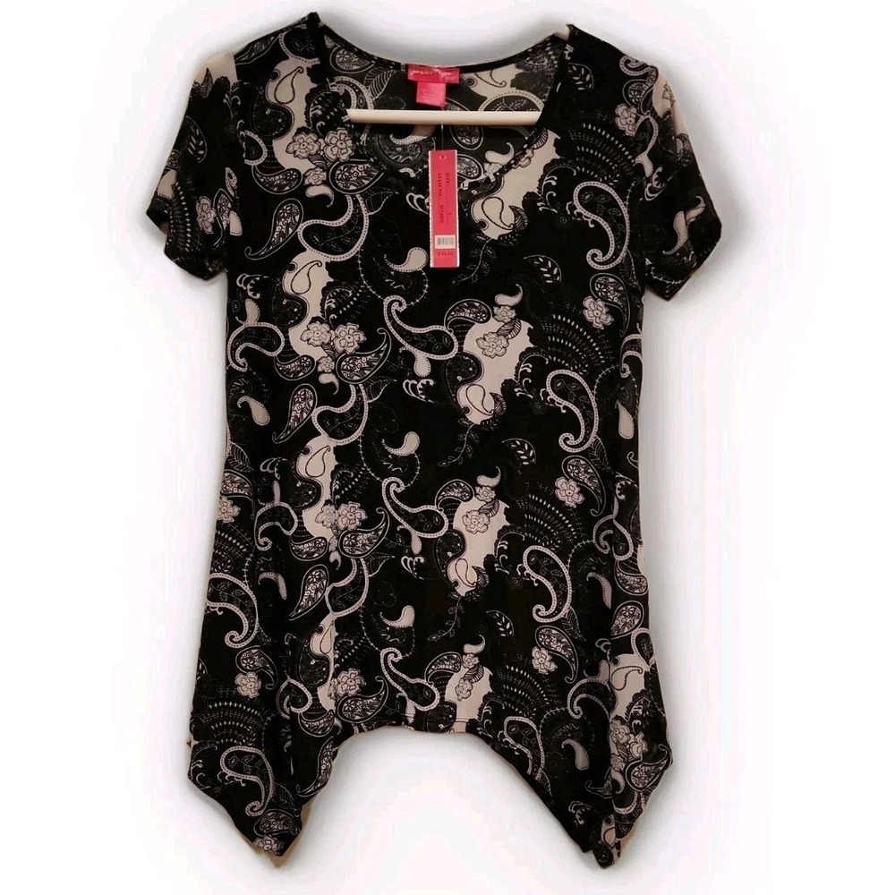 Prestige Edge Sharkbite Tunic Women Size S Black Paisley Boho Chic MT400B Edgy